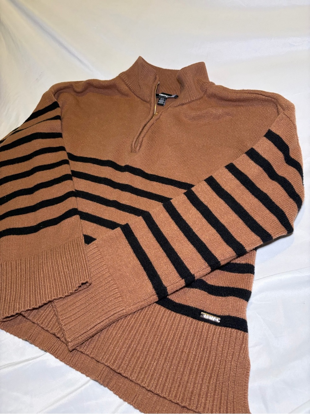 DKNY Brown and Black Striped Half-Zip Sweater Womens XXL